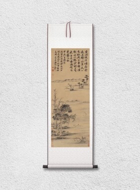 文徵明 石湖泛月图立轴 山水国画 墙面装饰 纸本绢布 微喷复制
