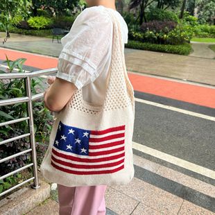 亚马逊跨境独立日针织包红蓝国旗购物袋镂空大容量单肩包托特包