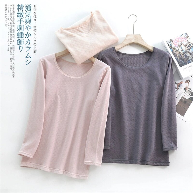 SM百分百纯棉女士空气层夹层自发热秋衣保暖上装单件8分袖