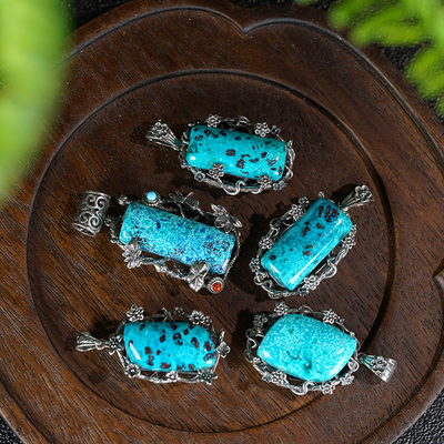 福子珠宝直播间天然蓝铜矿孔雀石镶嵌镀银平安无事圆牌雕刻首饰玉