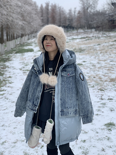 冬季新款羽绒服女中长款加厚保暖白鸭绒连帽外套潮牌情侣装牛仔羽