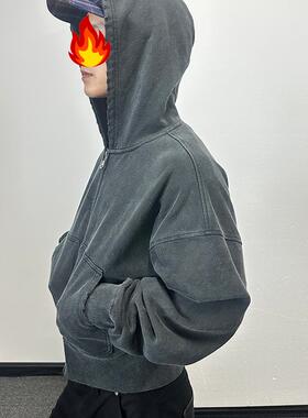 Suninwave 复古水洗磨破高螺纹短宽型Boxy宽松拉链卫衣外套帽衫