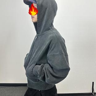 Suninwave 复古水洗磨破高螺纹短宽型Boxy宽松拉链卫衣外套帽衫