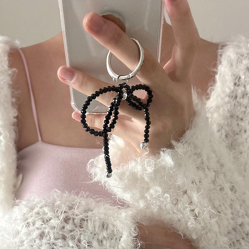 ins可爱少女风法式水晶串珠蝴蝶结流苏吊坠指环扣支架手机链挂件