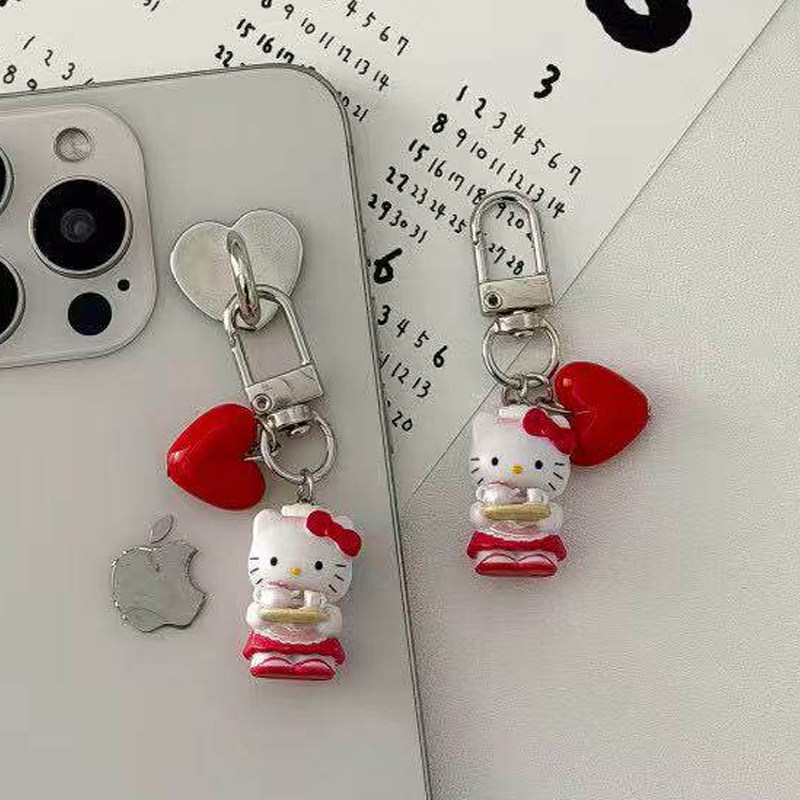 新品ins可爱卡通端水苹果迷你小猫咪红色爱心手机链钥匙扣包挂件