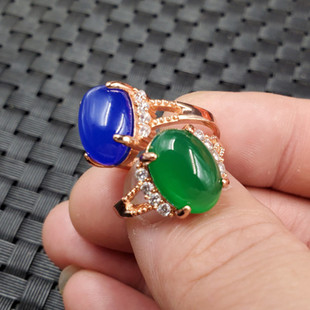 玉石戒指碧绿色玉髓蛋面戒指宝蓝色玉髓玛瑙活口戒指玉戒指玉指环