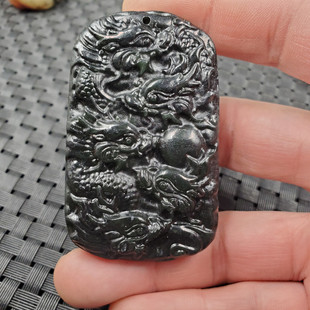 玉石挂件新疆和田墨玉九龙壁挂件墨绿蛇纹石玉生肖龙挂件玉龙吊坠