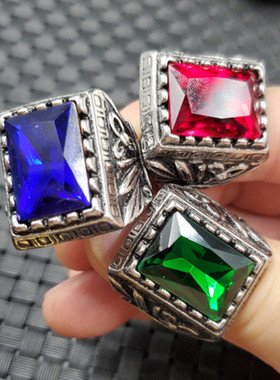 冰种宝蓝色锆石戒指石榴石方形戒指墨绿锆石切面戒指大号戒指仿古