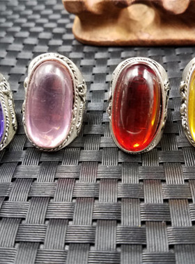 时尚精美 天然玉石锆石蛋面戒指 紫色锆石戒指藏银托玉石戒指指环