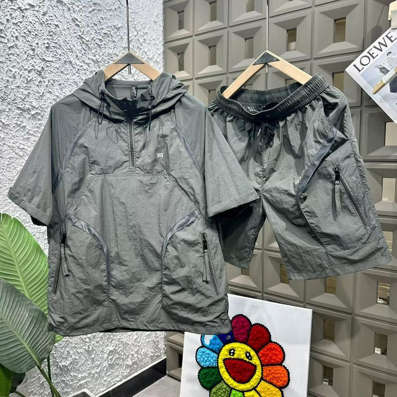 半开领设计感连帽短袖套装男宽松透气薄款速干短裤防晒男装一整套