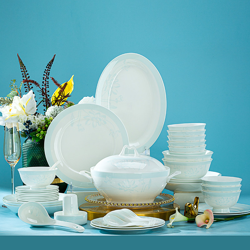 锦秋堂 58头景德镇骨瓷餐具套装 家用陶瓷高脚米饭碗碟套装釉下彩,餐饮具,餐具瓷器套装,淘宝优惠券,粉丝福利购,淘宝优惠卷