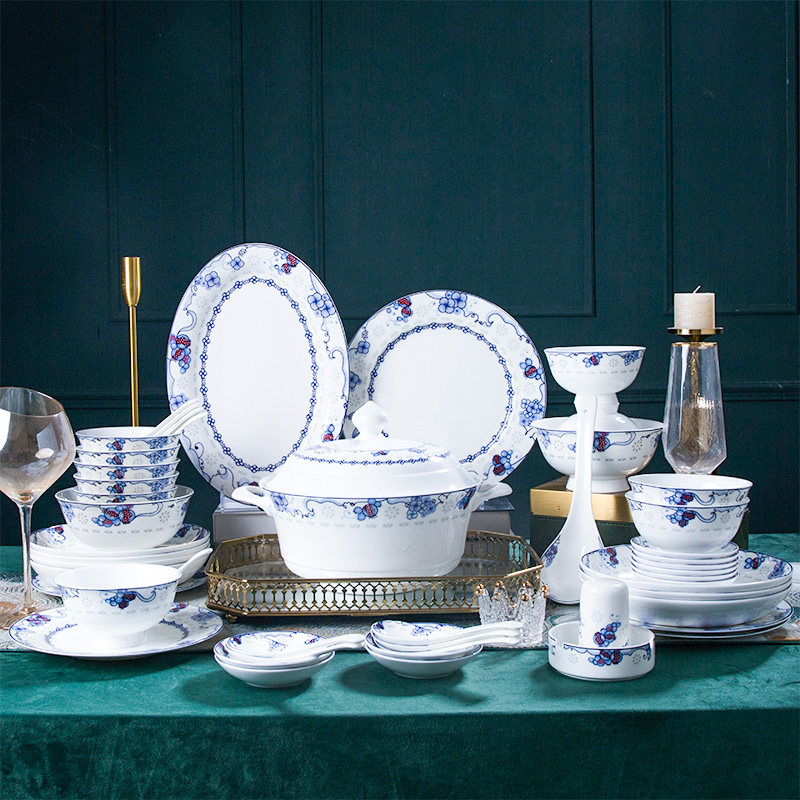 景德镇 58头家用餐具瓷器套装 骨瓷碗碟盘青花釉下彩结婚搬家礼品