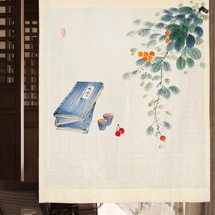 古风布帘半帘子免打孔半截遮挡复古暖帘定制 棉麻门帘手绘禅帘中式