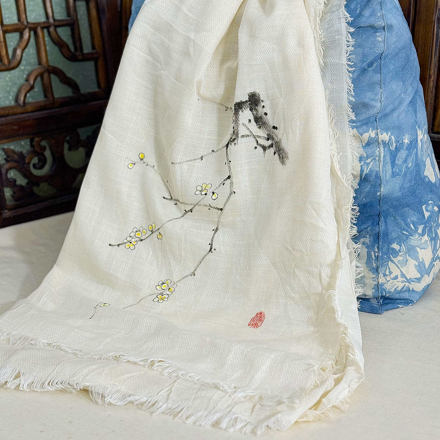 棉麻围巾禅意手绘梅花中式披肩保暖遮阳围脖国风披帛文艺复古大