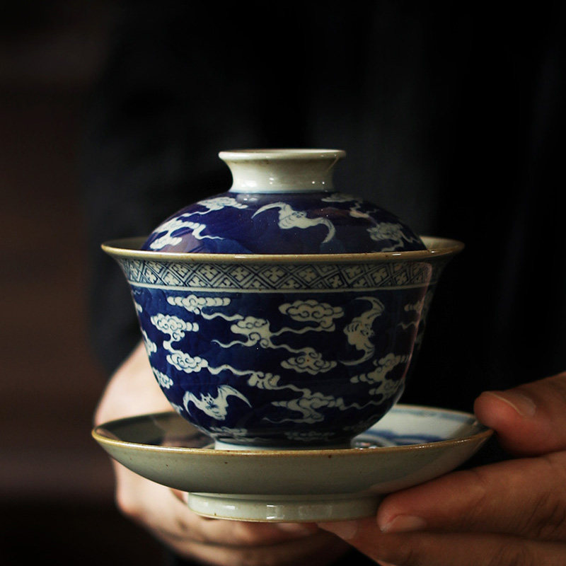 Mingyuantang tea utensil Fukuyama Shou Hai Than auspicious Hand drawn Blue and white Three talents Cover bowl (Mousia )in the Tableware , Tea set , Tureen  category - from Buy2taobao.com to provide professional Taobao agent buy service
