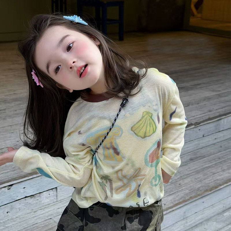 26春季新品韩版女童涂鸦印花防晒罩衫T恤洋气迷彩工装短裤两件套