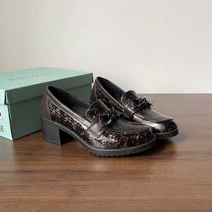 头层牛皮外贸英伦风豹纹乐福鞋 女圆头中跟一脚蹬通勤气质复古单鞋