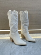 Западные Boots 法国单~米白粗跟西部牛仔靴2025外贸大码复古中跟v口套脚高筒长靴