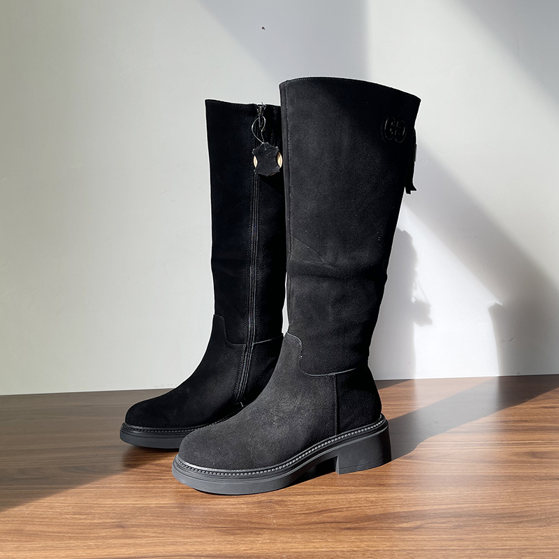 大码黑色真皮羊毛骑士靴长筒靴