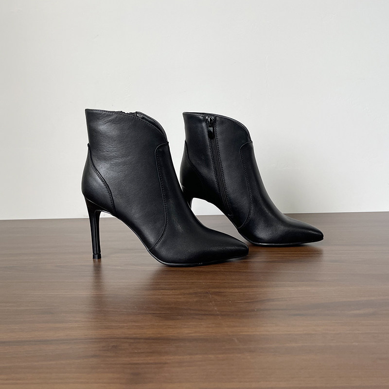 头层牛皮尖头细跟短靴女2025秋季新款欧美大码高跟真皮V口时装靴,女鞋,时装靴,淘宝优惠券,粉丝福利购,淘宝优惠卷
