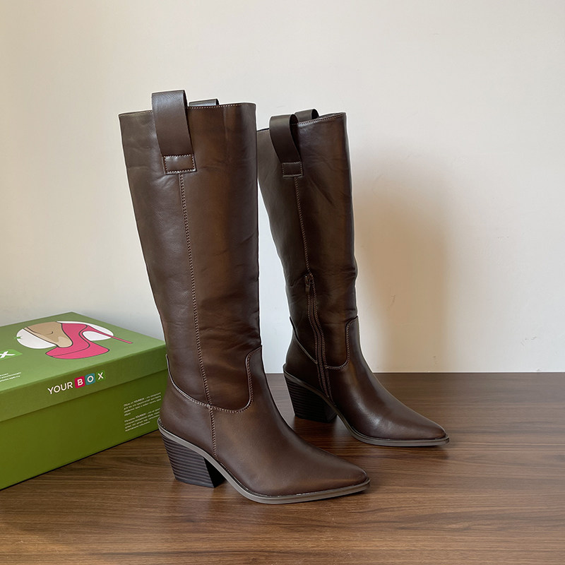 美拉德尖头粗跟西部牛仔靴2025冬季大码加厚保暖羊毛时装高筒长靴,女鞋,西部靴,淘宝优惠券,粉丝福利购,淘宝优惠卷