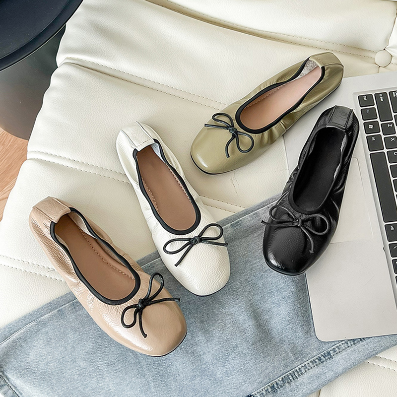 头层牛皮单鞋女2025新款平底蝴蝶结方头浅口软底芭蕾鞋真皮蛋卷鞋