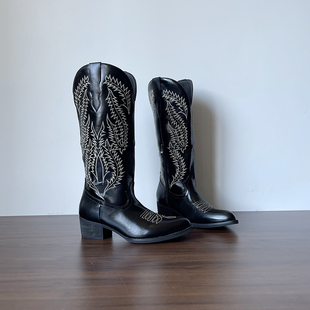 外贸原单出美国粗跟尖头刺绣西部靴2025新款 复古牛仔靴中筒女靴43