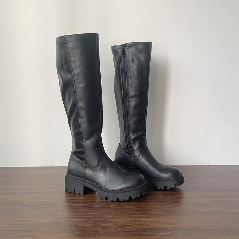 头层牛皮长筒靴2025外贸大码厚底