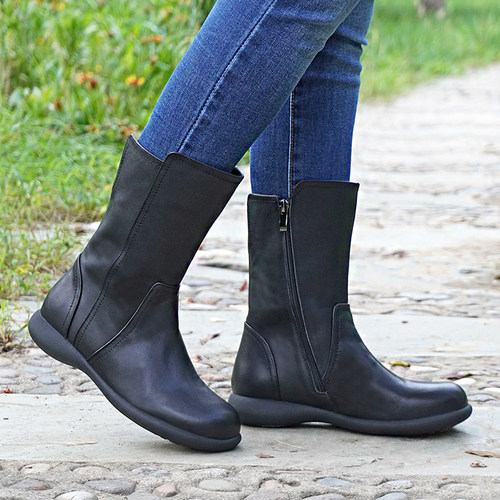 大筒围真皮中筒靴厚底舒适百搭