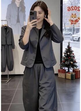 2026春季网红新品职业西服套装女高级感韩系灰色显瘦外套+工装裤