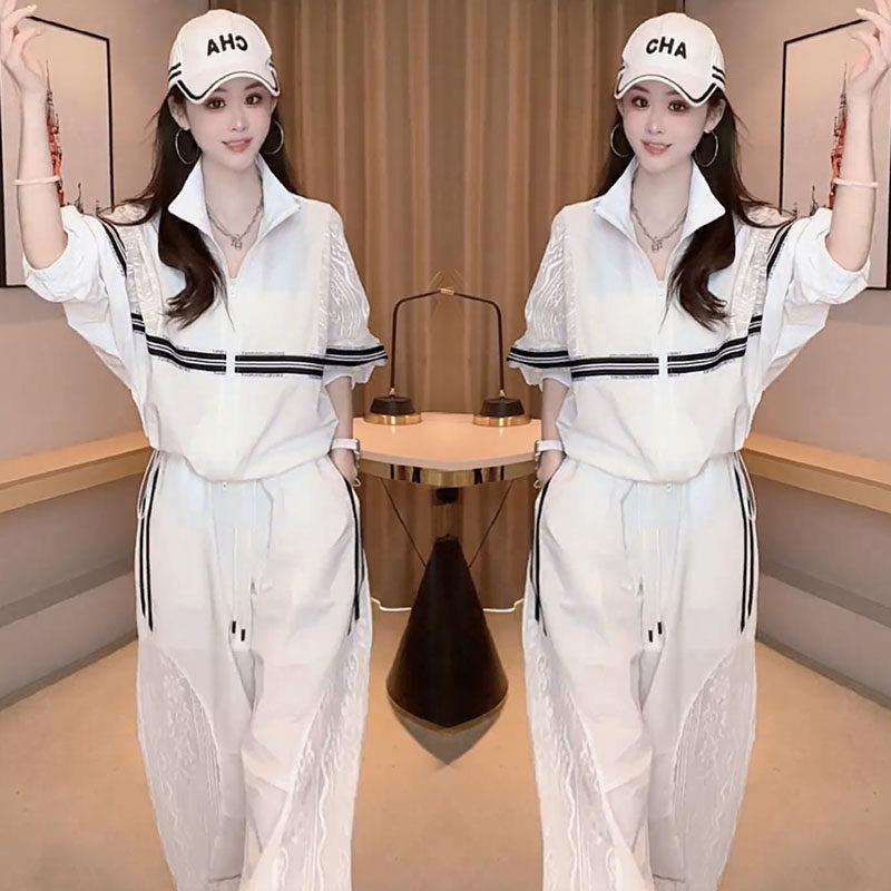 休闲运动套装女2026夏季新品宽松显瘦蕾丝薄款防晒外套长裤两件套