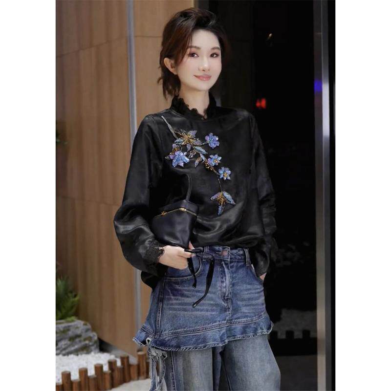 2026秋季网红新品新中式三件套女复古重工刺绣珠片衬衫外套牛仔裤
