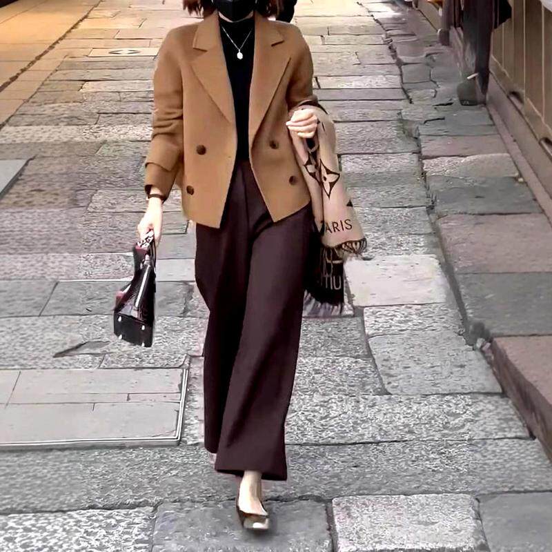 秋冬毛呢西装外套女2026新品呢子套装阔腿裤职业气质简约宽松胖mm