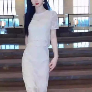 2025春夏季网红新款时尚套装裙女名媛风重工亮片短袖+显瘦包臀裙