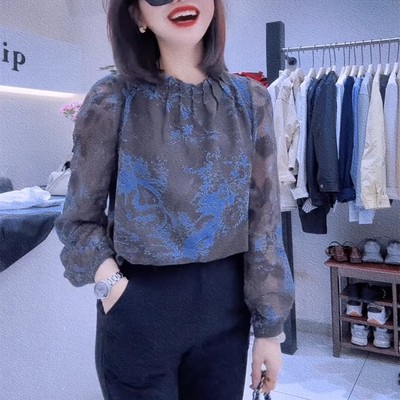 2025秋季网红新款时尚两件套女法式重工碎花灯笼袖显瘦衬衫微喇裤