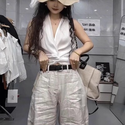 2025夏网红新款时尚气质韩版修身无袖减龄设计感上衣+麻料阔腿裤