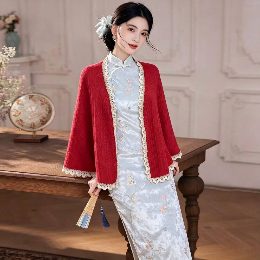 新中式红色针织蕾丝披肩敬酒服
