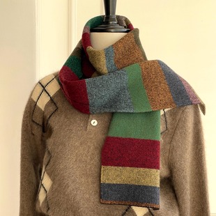 出口单复古彩虹条纹撞色100%纯羊毛针织围巾披肩女冬百搭保暖围脖