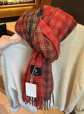 复古红色新年礼物格纹围巾女冬季韩版百搭流苏保暖加厚仿羊绒围脖