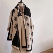 猫咪控 黑色格子猫咪高档双面仿羊绒羊毛围巾女冬厚保暖长款 披肩