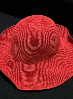 可折叠红色大帽檐日本草编草帽女夏季海边沙滩太阳帽子度假遮阳帽