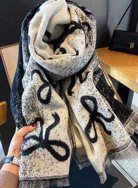 璀璨星河亮丝黑色蝴蝶结围巾围脖女秋冬加厚保暖流苏披肩大围巾