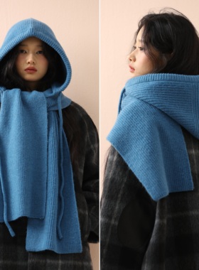 韩版蓝色巴拉克拉法帽女秋冬百搭连帽围巾一体加厚保暖防寒针织帽