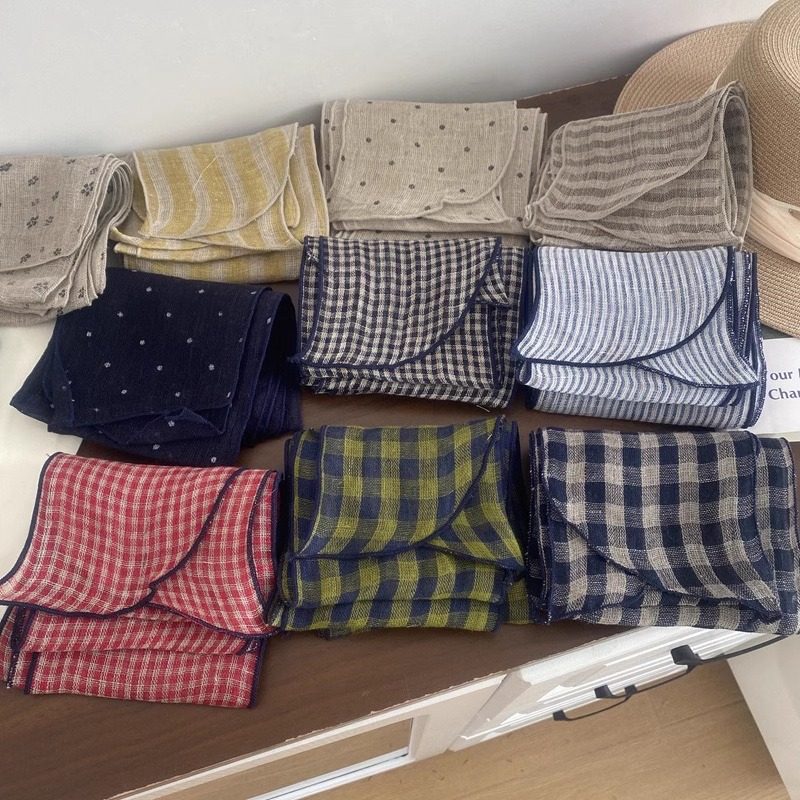 韩版复古格子小波点100%亚麻丝巾小长条围巾春秋护颈系脖装饰领巾