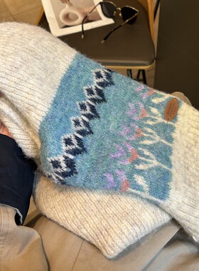 日系蓝色费尔岛风含羊毛针织小围巾女秋冬季加厚保暖学生护颈围脖