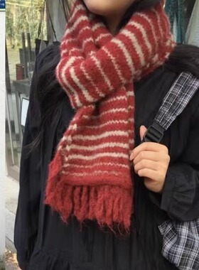 韩系圣诞红色条纹羊毛混纺围巾男女秋冬季百搭流苏保暖围脖高级感