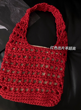 韩国大容量红色镂空针织包包女春夏季编织包日常通勤单肩包托特包