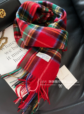 100%澳洲纯羊毛围巾女冬季英伦红色格纹流苏保暖围窄版脖男生披肩
