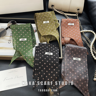 日系绿色波点100%亚麻丝巾系脖围巾领巾细长发带护颈丝巾包包装饰