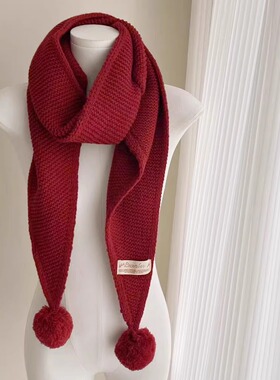 出口韩国圣诞新年红色绿色针织围巾女冬保暖毛球装饰百搭围脖好运
